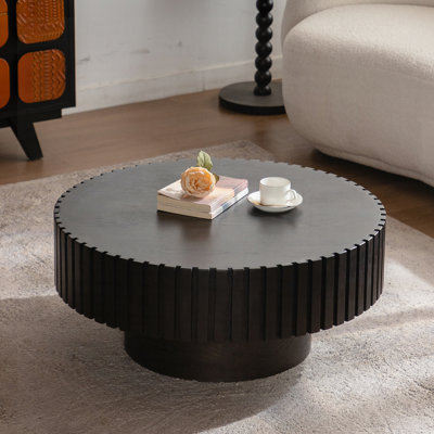Handcrafted Relief Round Wooden Coffee Table | Sturdy Pedestal Base, Decorative Tea Table for Living Room