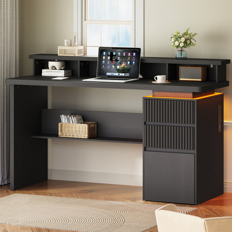 59" Executive Desk with Drawers and Power Outlet, Fluted Computer Desk with Monitor Stand and File Storage, Black