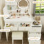 Bureau de meuble-lavabo moderne pour chambre à coucher, blanc, avec miroir et lumières, plusieurs rangements, tablettes réglables, maquillage et lumières pour la chambre à coucher - 3 choix de couleurs, tablettes,