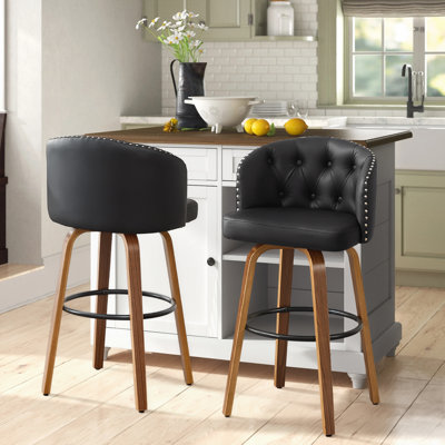  Swivel Black Faux Leather 28.2'' Counter Stool with Solid Wood Frame