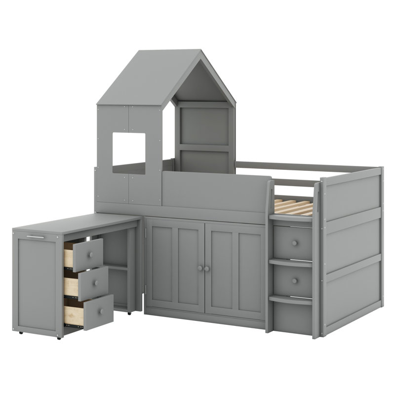 Lit mezzanine en bois robuste avec bureau, grands tiroirs et armoires, Gris