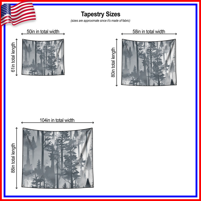 Tapisserie murale forêt de pins brumeux - décoration murale arbres, 104 po H x 88 po avec 4 œillets