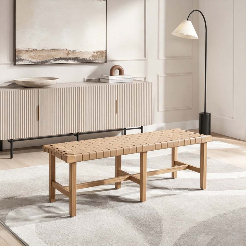 Banc de chambre en bois d'acacia avec siège en similicuir tissé
