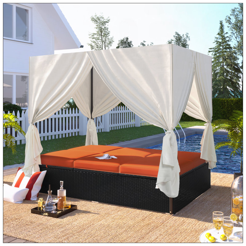 Busina 77.6" Wide Outdoor Wicker Patio Daybed with Cushions, Outdoor Furniture, Patio Sofa Set, Orange