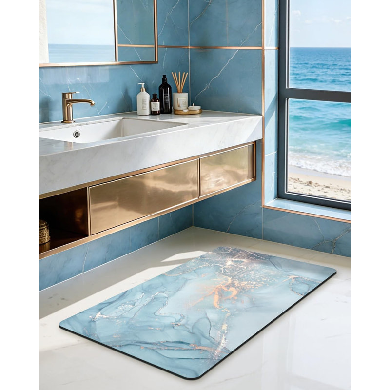Bathroom Mat Ultra Thin, Non Slip Bath Rug for Shower Floor, Absorbent Quick Dry Marble Bathmats Low Profile, 16x24, Blue