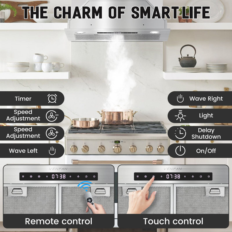 Hotte encastrable 30 pouces, hotte intégrée avec 600 pi3 / min, hotte convertible à conduit / sans conduit avec hotte de cuisine à 4 vitesses, hotte avec capteur de mouvements et panneau de commande tactile