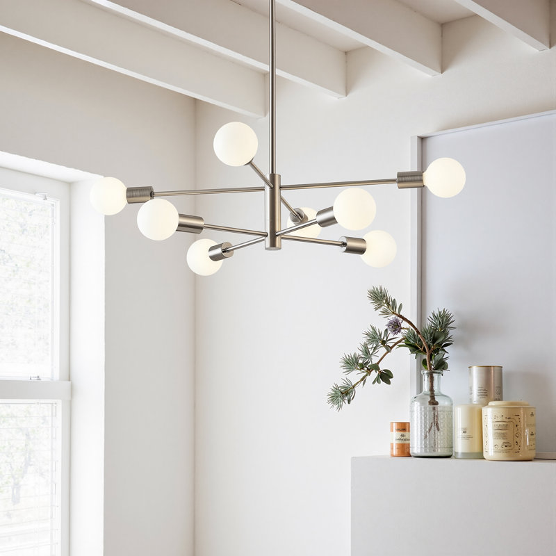 8-Light Modern Sputnik Chandelier for Dining Room with 4 Heights, Nickel