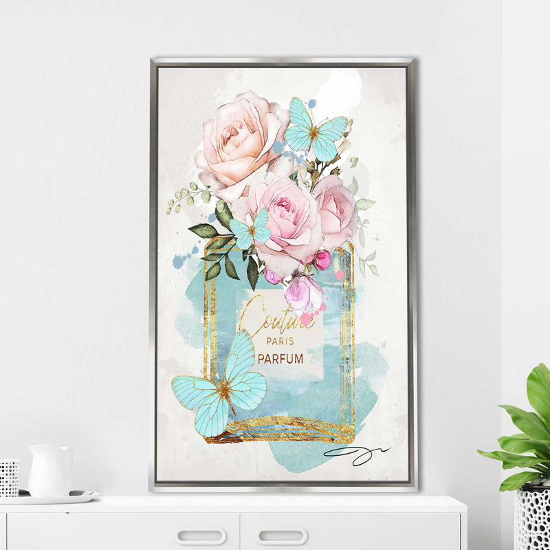 «Parfum Bottle, Flowers & Butterflies (Blue) (Vertical)» par By Jodi - impression, H 51,5 po x l 31,5 po x P 2 po