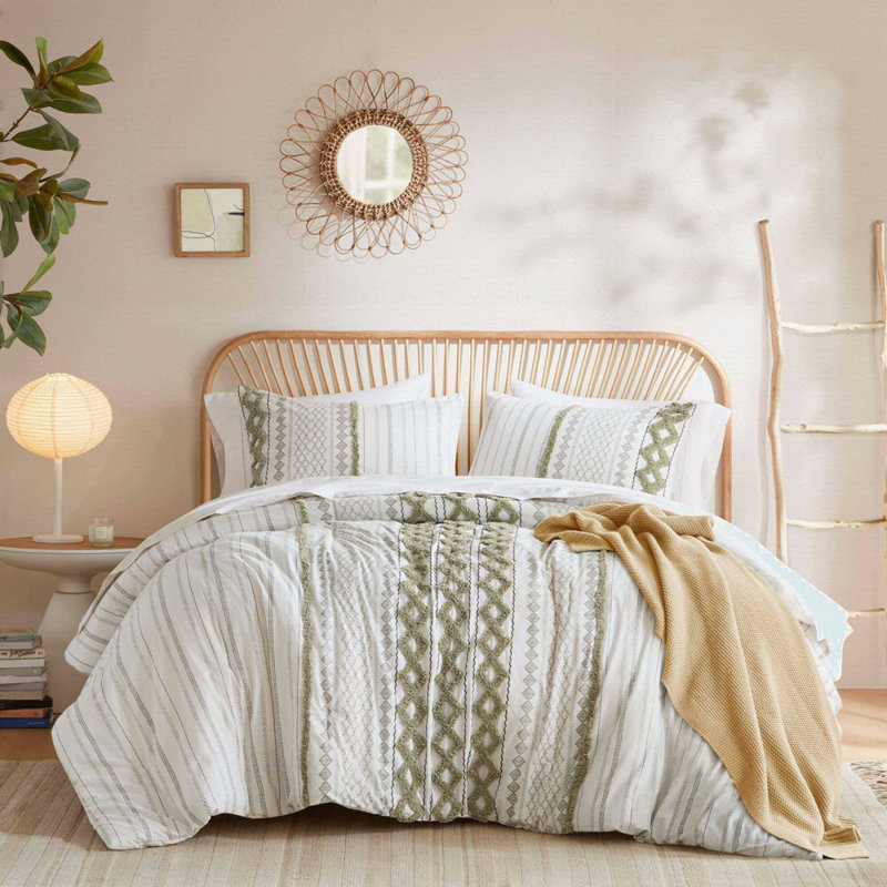 Ensemble d'édredon imprimé en coton 3 pièces avec sauge chenille / ivoire, Édredon double / grand et 2 pièces supplémentai