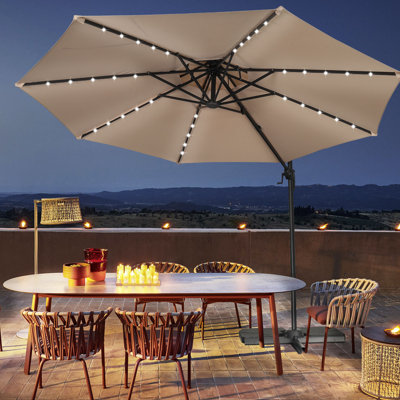 10FT Cantilever Patio Umbrella with Solar Lights Included Cross Base 360 Rotation Large Offset Hanging Outdoor Shade for Pool Backyard&Deck