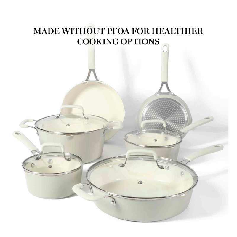 Linen White 10-Piece Nonstick Aluminum Cookware Set with Ceramic Interior