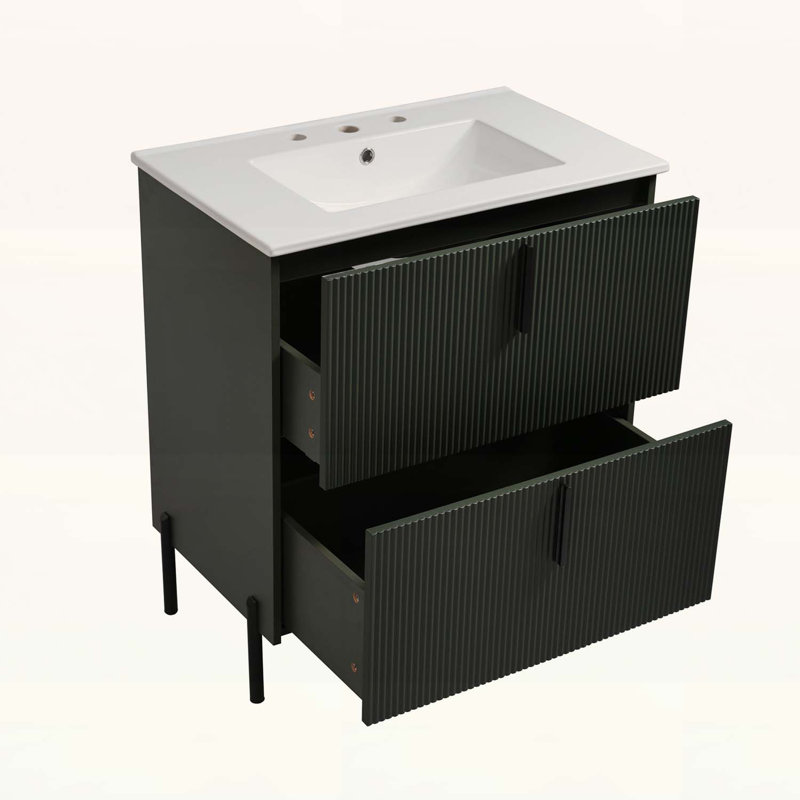 30 Inch Bathroom Vanity with Sink,Full-Extension Drawers,Soft Close Slides,and Fluted Design, Green/Black
