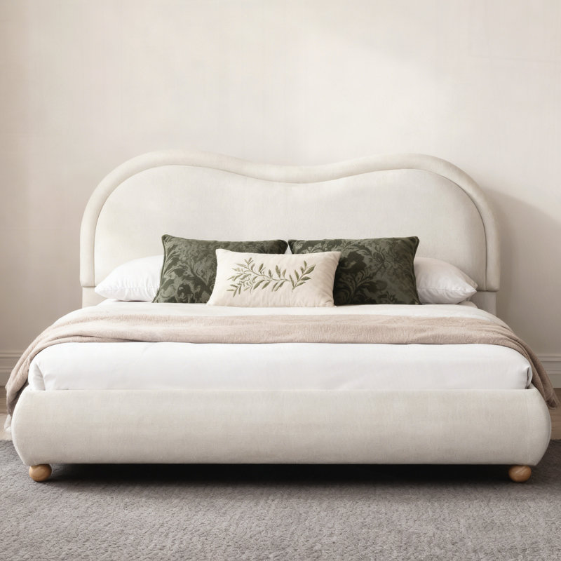 Upholstered Platform Bed Frame With Headboard, Queen, Beige