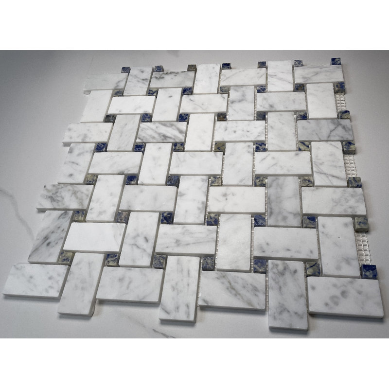 12" x 12" Marble Basketweave Mosaic Wall & Floor Tile, White|Blue