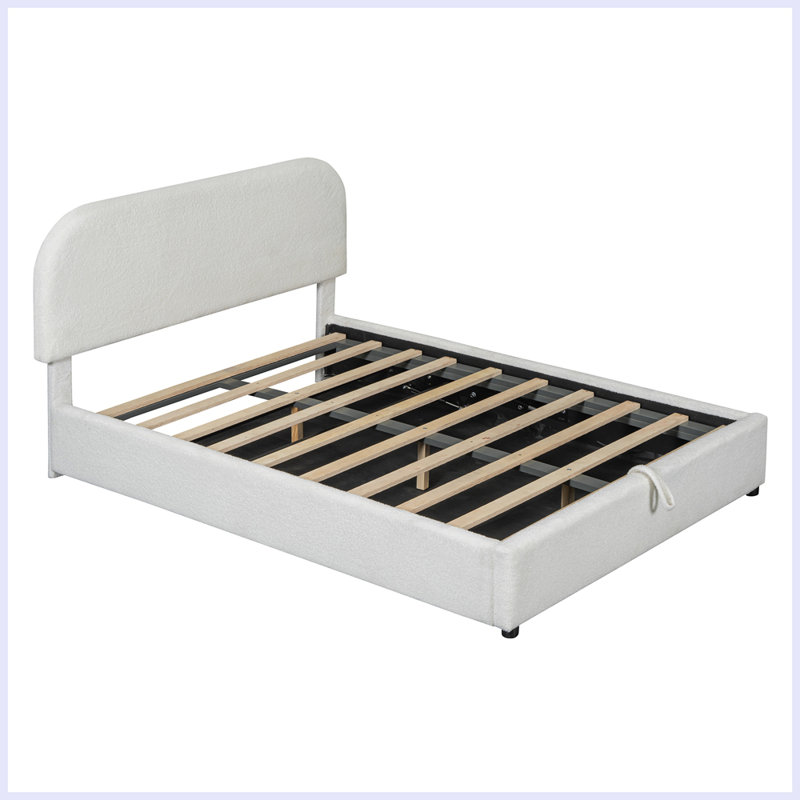 Lit plateforme tapissier Teddy avec système de rangement hydraulique, Double, Blanc