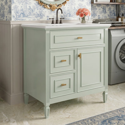30" Bathroom Vanity with Sink, Solid Wood & MDF Cabinet with Multi Storage & Adjustable Shelf