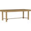 Table de salle à manger rectangulaire autoportante de style rustique-moderne côtier, avec tréteau en laiton antique et 8 places assises. Extension en bois d'hévéa brun. Coins arrondis. Capacité : [à compléter].