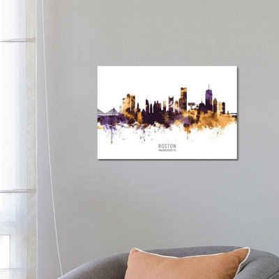 Boston Massachusetts Skyline Purple Gold by Michael Tompsett - 1 Piece Wrapped Canvas Wall Art