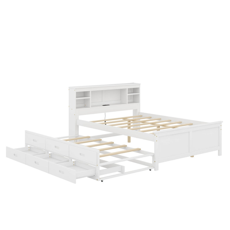 Lit plateforme avec tête de lit, USB, lit gigogne et tiroirs, Lit double, Blanc