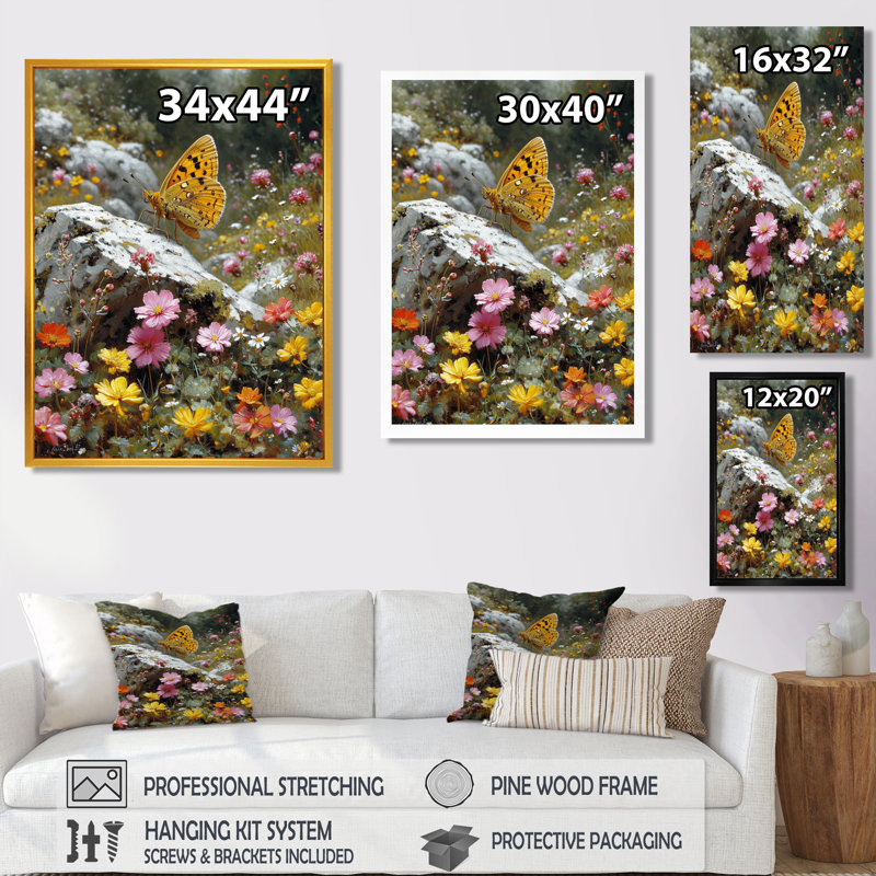 Tigre, machaon sur un rocher en champ de fleurs - papillon, art mural, Toile avec cadre doré, H 32 po x l 16 po x P 1 po