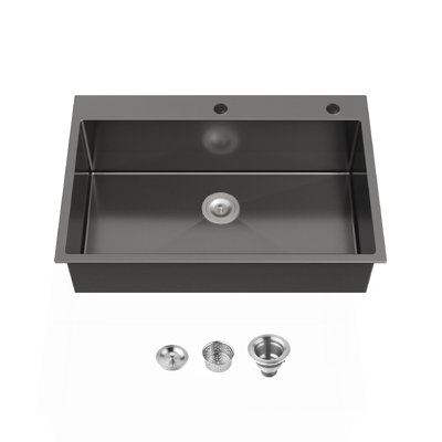 Stainless Steel Kitchen Sink, 33″X22″ Single Bowl, Overmount Handmade Sink In Black, With US Standard Drain And Hook