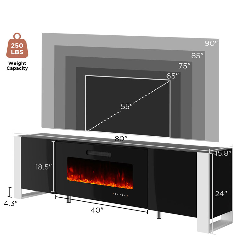 Bhhatu U-shaped Legs Mirrored Finish TV Stand with Electric Fireplace Included, All Black, 80