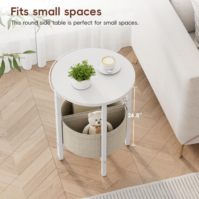 Grande table d'appoint avec panier de rangement, ensemble de 2 tables basses demi-rondes, tables de chevet, table de chevet moderne pour le salon, la chambre à coucher, blanc