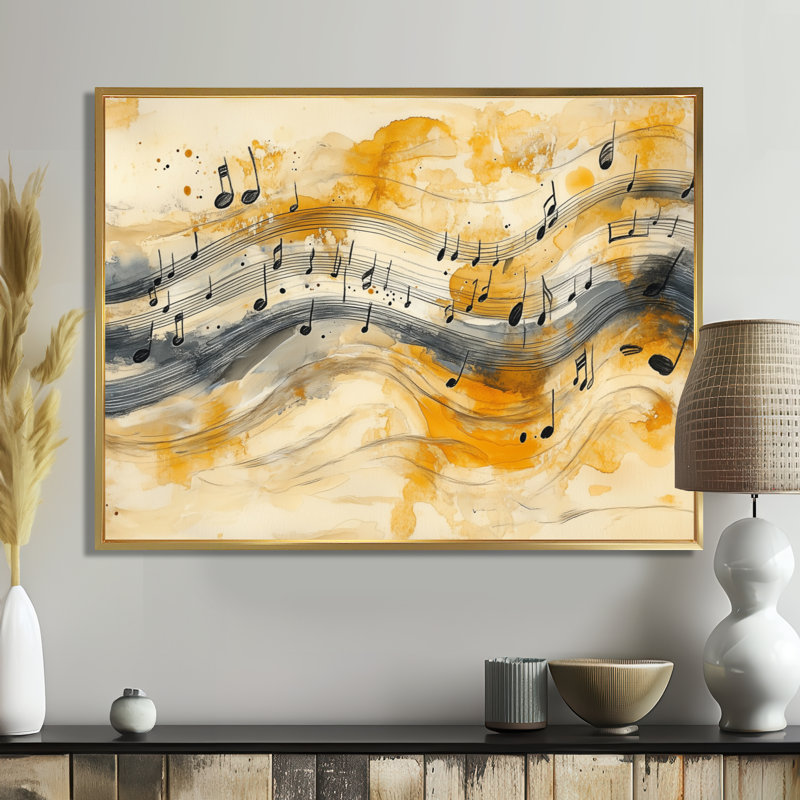 Notes on a Flowing Staff II - reproduction d'art encadrée musicale, H 16 po x l 32 po, Gold Floater Framed
