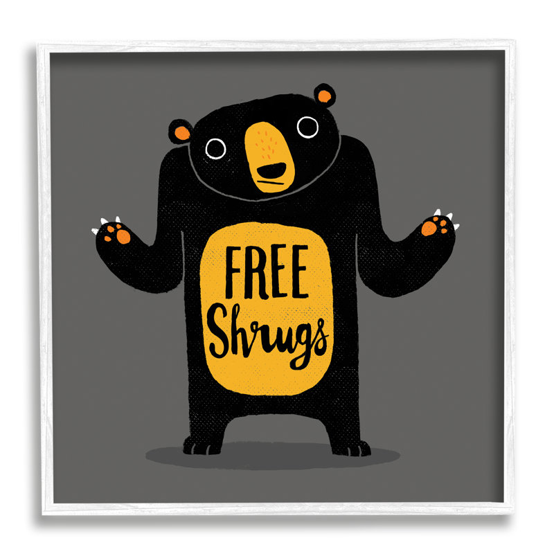 "Free Shrugs", drôle d'ours noir, cadre photo sur bois aggloméré, L 17 po x H 17 po, Giclée encadrée blanc bord de mer