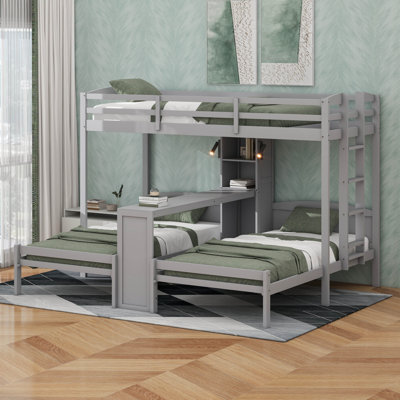 Lit superposé simple au-dessus de simple et simple avec bureau et tablettes de rangement, cadre de lit superposé triple en bois peu encombrant avec éclairage DEL
