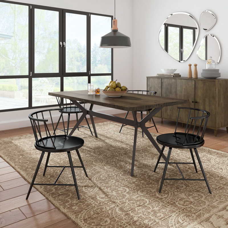 Breaux 70" Iron Gray Metal Base Dining Table And Low Back Windsor Chairs Set - Table And 4 Chairs, Driftwood Gray, Black