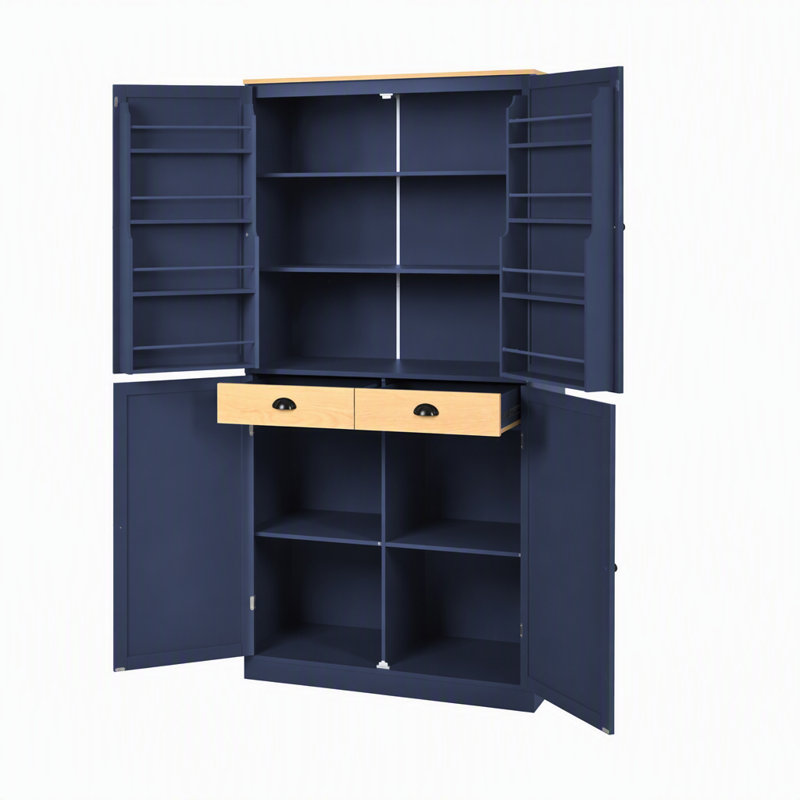 Armoire de cuisine autoportante haute avec 2 tiroirs, 2 tablettes réglables et 8 portes, idéale pour la cuisine et la salle à manger.