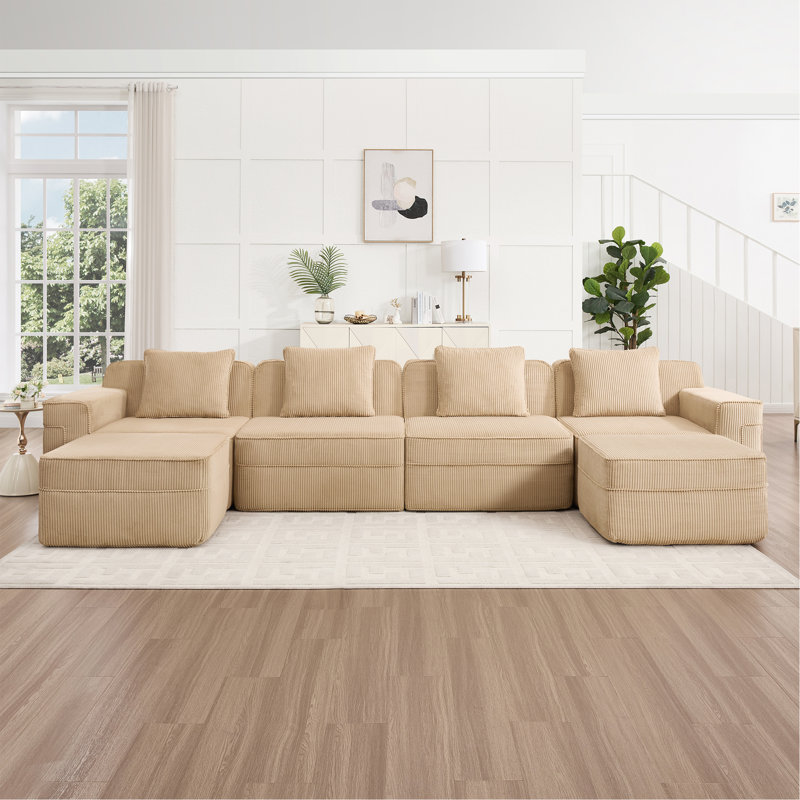 Canapé modulaire modulaire en forme de U sans siège à 4 places, canapé modulaire Cloud avec assise profonde, canapé modulaire moderne à 4 places avec coussins décoratifs et 2 repose-pieds amovibles, chameau en tissu velours côtelé