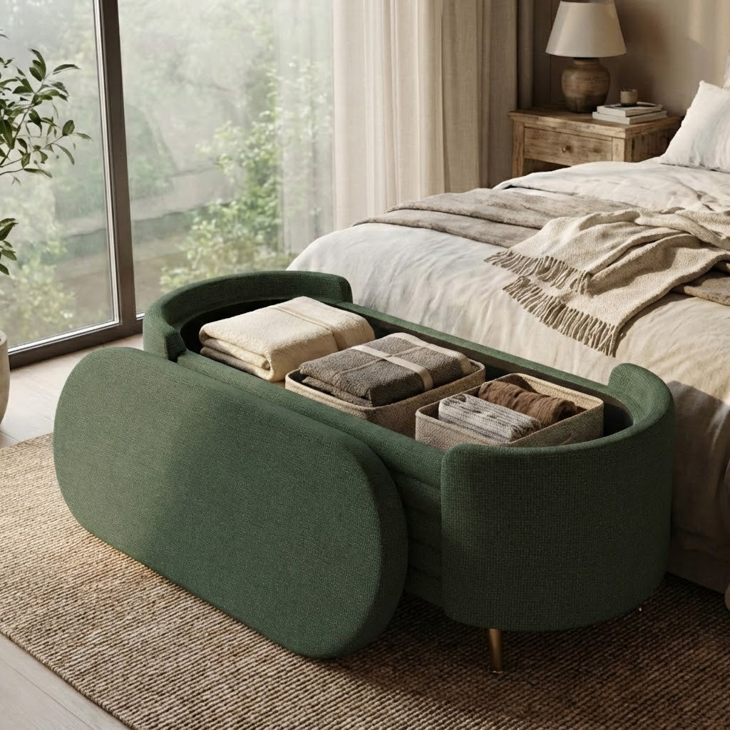 Curated visual reference: Visual Reference: Corrigan Studio Minimalist Upholstered Oval Storage Bench Padded End