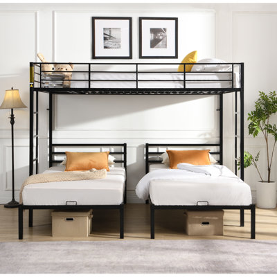 Triple Bunk Bed In Black Metal With 1 Full And 2 Twin Beds, Vertical , Rail Storage For Winter Guests Of Party
