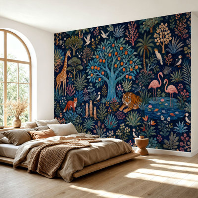 Wall Mural Peel and Stick Wallpaper Whimsical Jungle Scene Tiger Exotic Foliage Dark Self-Adhesive Removable Contact Paper Wall Decor for Living Room Bedroom 69"H x 96"W