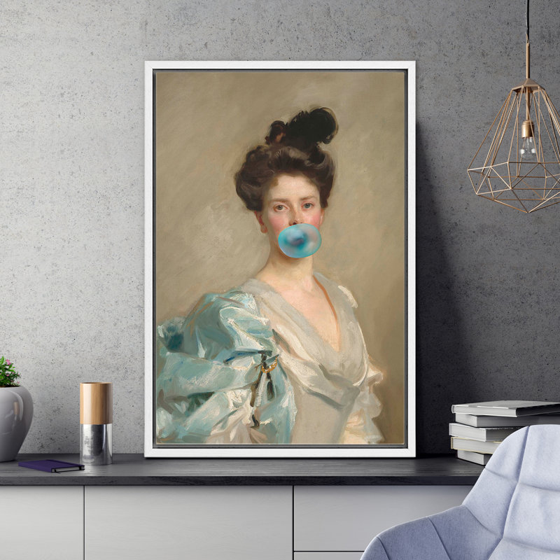 "Alteré classique Portraits", femme élégante avec impression éclectique bleue, Cadre flottant blanc, H 36 po x l 24 po