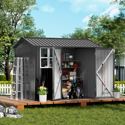 COMHOMA Shed Storage Outdoor Metal Windowed Lockable Garden Toolhouse Weatherproof Ventilated Backyard Utility Workshop(Grey,8'X6')