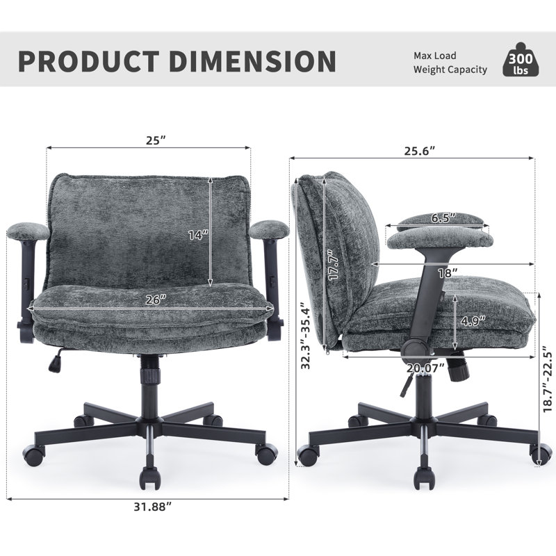 26in W Teddy Velvet Home Office Chair,350LBS Crosslegged Desk Chair with Lumbar Support&Adjustable Armrests, Dark Gray