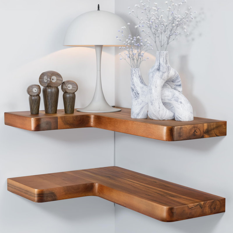 Wood Corner Floating Shelf 17” X 12”- Corner Shelf Wall Mounted - Floating Book Shelves For Wall - Corner Shelf For Home, Kitchen