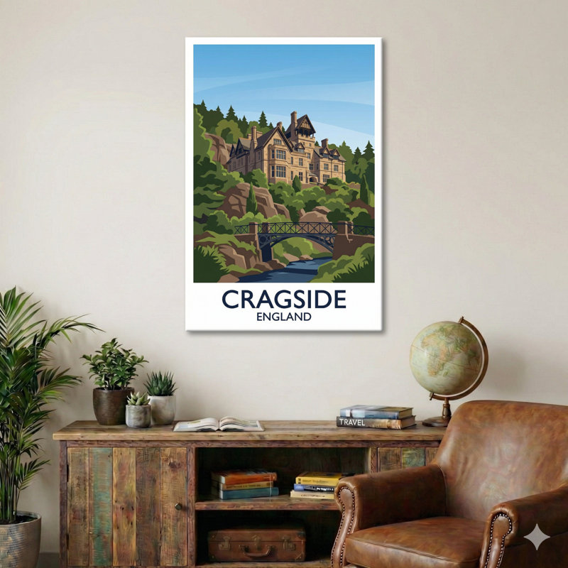 Cragside, England - Romantic Travel Poster Of Northumberland's Woodland Country House. Giclee Print On Wrapped Canvas. Wall Art, Home Decor - Castles & Palaces, England - Wrapped Canvas Print