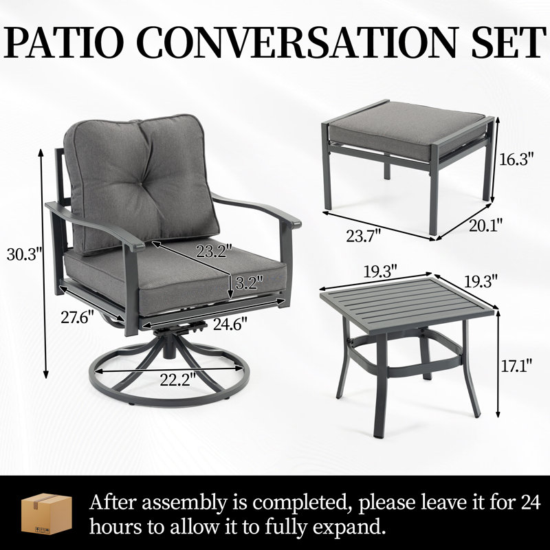 Ensemble de mobilier de patio, ensembles de mobilier d'extérieur 5 pièces, ensemble de conversation en métal avec 2 chaises pivotantes, 2 repose-pieds, 1 table d'appoint, fer forgé avec coussin