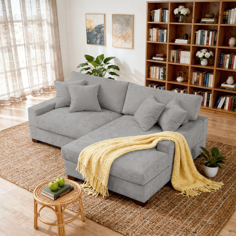 2 - Piece Upholstered Offehite Chenille Modular Sectional Sofa with Armrests & Throw Pillows, Right Hand Facing