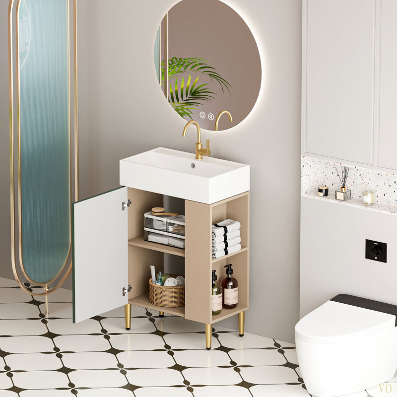 Meuble-lavabo à tablettes ouvertes de 21,6 po avec lavabo en céramique et porte à fermeture en douceur, armoire de rangement pour vestiaire sur le côté droit, finition à assembler requise