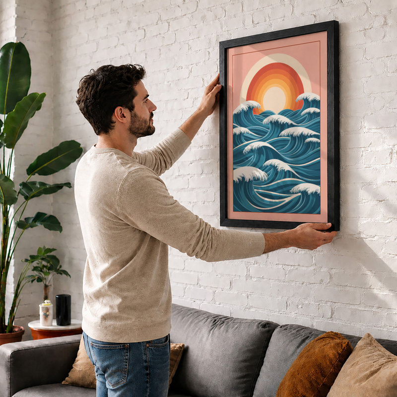 Sun Over Waves Coastal - Framed Print, A4 - 29.7 x 21.0 cm, White
