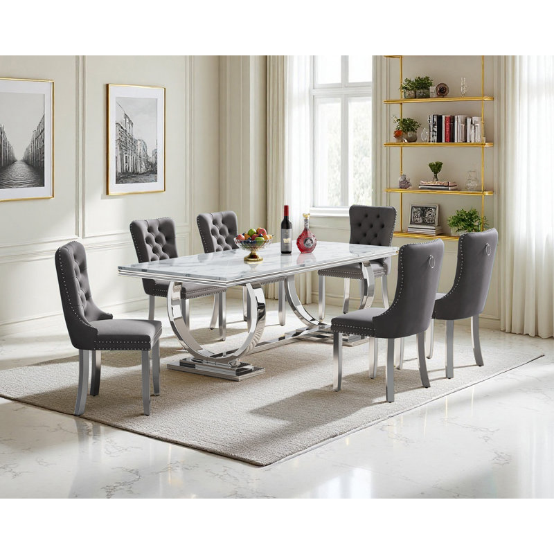 Luxury 68" Dining Table Set for, White Faux Marble Dining Table with Velvet Dining Chairs, Modern Kitchen Table and Chairs Set, Luxury Dining Table Set for Kitchen Dining