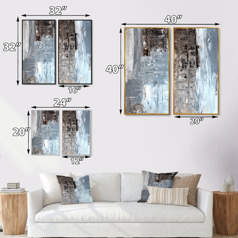 Ensemble de 2 peintures sur toiles colorées dans des tons de gris et de brun, H 40 po x l 40 po x P 1 po, Cadre flottant doré