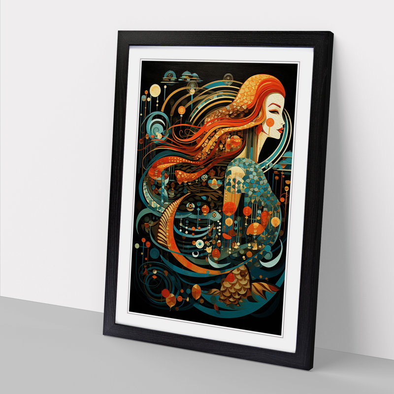 XYZ-FRM-V1223-4490 Mermaid Constructivism - Single Picture Frame Print on Wood, 46cm H x 34cm W x 2cm D, Black 