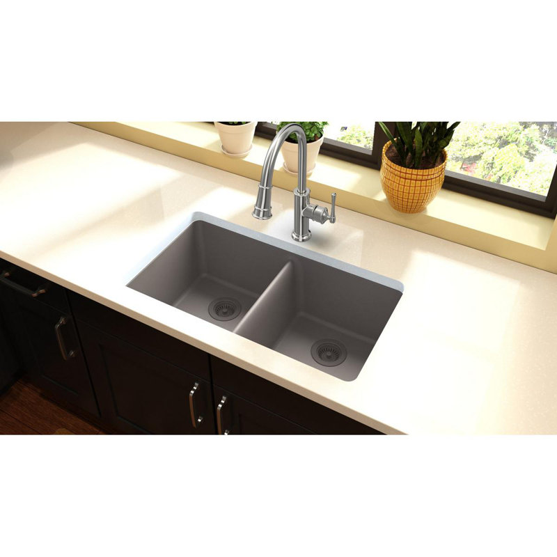 Évier de cuisine à double cuve encastrable l 18,5 po x L 33 po Quartz Classic, Grèges