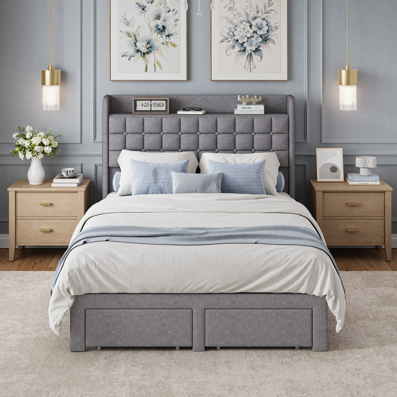 Avelyn Upholstered Bed Frame with 2 Footboard Drawers and Storage Platform, Gray, Full